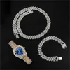 Hip Hop 13.5MM 3PCS KIT Heavy Watch+Prong Cuban Necklace+Bracelet Bling Crystal Rhinestones Chains For Men Jewelry