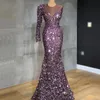 Sequined Purple Mermaid Evening Dresses One Shoulder Långärmad Beaded Formell Kvinnor Holiday Wear Celebrity Party Gowns Plus Storlek Anpassad