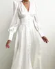 Enkelknäppt sexig klänning festklänning hög midja satäng lång elegant v-hals dam midiklänningar lanternärm