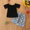 2021 Toddler Barnkläder Set Baby Girl Short Sleeve Svart Top T-shirt Zipper Snakeskin Print Kjolar Outfits Kläder 2st sommar