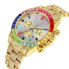 Män Luxury Brand Mens Gold Men Quartz Klocka Chronograph Färgglada Diamantstål Iced Out Watch