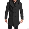 Mens Woolen Blandningar Hooded Coat Fashion Trend Långärmad Cardigan Double Breasted Windbreaker Ytterkläder Man Vinter Casual Mid-Length Coats