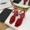 Luxury medium heels with chunky heels and strappy sandals with ladies' cowhather soled heels 6.5cm patent leather series with a twist