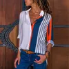 Women Blouses Color Block Striped Shirt Elegant Office Lady Blouse Casual Long Sleeve Button Shirt Tops Chemise
