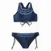 Bikini Push Up Bandeau Swimsuit Brazilian Sexy Women Swimwear Beach Halter Top Swim Wear Dark Blue Print Bathing Suit 210621