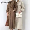 Yitimuceng Shirt Dresses for Women Ruched Long Sleeve Beige Brown Dark Blue Sundress Summer Korean Fashion Midi Dress 210601