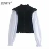 Zevity Women Vintage Puff Sleeve Patchwork Elastic Slim Smock Blouse Office Ladies Sweet Agaric Lace Chic T Shirts Tops LS7157 210603