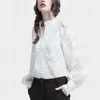 Zarif Beyaz Bahar Bluz Kadınlar Için Standı Yaka Fener Uzun Kollu Rahat Vintage Gömlek Kadın Moda Giysileri 210531