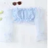 [DEAT] Summer Fashion Solid Color Slash Neck Flare Sleeve Net Yarn Thin Temperament Elegant Women Shirt 13Q377 210527