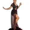 New Black Sequins Jumpsuit Prom Dresses Long Sleeve Detachable Overskirt Train With Feather Evening Gowns