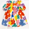 Kız Elbise 2021 Yaz Yeni Puf Kol Moda Baskı Çocuklar Kısa Pamuk Vintage Bebek Kız Tatil Partisi Q0716