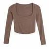 Autumn Women Square Collar Knitting Short T Shirt Casual Femme O Neck Long Sleeve Crop Tops T1380 210302