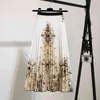 Mode hög midja vit pläterade kjolar sommar europeisk blomma tryckt långt för kvinnor mid-calf jupe kvalitet kjol 210708