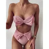 sexy bikini prink high waist swimsuit female bandeau biquini swimwear women summer solid Bathing suit Two piece set 210604