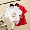 대형 여름 코튼 화이트 블랙 Tshirts 짧은 소매 캐주얼 T 셔츠 여성 O- 넥 느슨한 Applique Tee Shirt Femme 210604