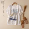 새로운 여름 예술 스타일 여성 짧은 소매 느슨한 티셔츠 빈티지 인쇄 코튼 린넨 티셔츠 Femme 캐주얼 탑 플러스 사이즈 M141 210306