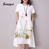 Saiqigui Summer Dress Plus Size Short Sleeve White Women Dress Casual Cotton Linen Dress Lotus Printing O-Neck Vestidos de Festa 210303