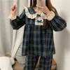 Qweek pijama plaid koreanska pyjamas kvinnor höst sovkläder kvinnlig uppsättning spets chic loungewear söt långärmad pyjamas kostym negligee 210928