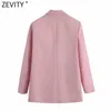 Zevity Women Elegant Double Breadted Casual Pink Blazer Coat Vintage Long Sleeve Suits Female Ofterwear Business Tops CT701 210927