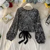 Ly Varey Lin Spring Herfst Dames Lantaarn Lange Mouw Lace Up Bow Design Slim Tees Tops O hals Pullover Sequin Patchwork T-shirts 210526