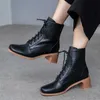 Meotina Real Leather Enkellaarzen Vrouwen Lederen Dikke Hoge Hak Korte Laarzen Lace Up Square Teen Shoes Dames Herfst 33-41 210608