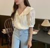 Retro Gentle Summer High Street Florals T-shirts Peter Pan Collar Girls Sweet Stylish Femme Chic Prom Lady Tops 210525