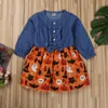 Mädchenkleider geborene Kinder Babys Kleidung Mädchen Fashion Denim Nähte Geisterdruckkleid lässige Single-Basted Long Sleeve Halloween