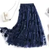 Роскошная женщина юбки корейский стиль мода эластичные талии аппликации вышивка цветочные сетки юбка длинные марлевые шариковые юбка 210309