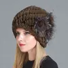 Russian Women Winter Real Rex Rabbit Fur Hats Floral Warm Natural Caps Knitted Lady Top With Hat 211119