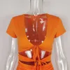 Karlofea lato pomarańczowy codzienna nosić mini sukienka seksowna wysoka cięcia wydrążone z koronki wrap ruched owijki CHIC Ruffles stroje 210623