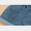 女の子の夏のショートパンツ子供の弾性ウエストデニムパンツの赤ちゃんの女の子10代の綿の緩い青いジーンズの女の子の服210622
