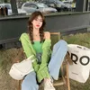 Green Hollow Knit Cardigan Women's Spring Short Camisole Short Top Long Sleeve Ribbed Suit 210805