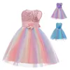 40# Kids Clothing Baby Girls Dress Sleeveless Sequined Flower Rainbow Color Matching Gradient Princess Net Gauze Tutu Dress Q0716