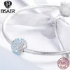 BISAER 925 Sterling Silver Charm Fiore invernale Fiore di ghiaccio Azzurro CZ Perline misura braccialetti Fai da te Argento 925 Creazione di gioielli ECC941 Q0531