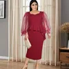 Femmes Plus La Taille Robe 4XL Bordeaux Voir À Travers Manches Longues Volants Moulante Midi D'été Bureau Soirée Événement Occasion Robes 210527