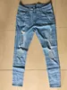 Fashion Streetwear Men's Vintage Blue Gray Color Skinny Destroyed Ripped Broken Punk Pants Homme Hip Hop Jeans Men