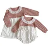 Pastoral syle barn sweaters systrar kläder mathcing stickade stickade blommor klänning baby girls rompers party 211011