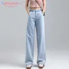 Aelegantmis High Waist Wide Leg Jeans Kvinnor Casual Loose Denim Trousers Justerbar Retro Cowboy Straight Long Pants Korean 210607