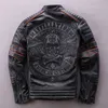 Men 100% Natural Cowhide Jacket Black Embroidery Skull Motorcycle Leather Jackets Men Autumn Winter Warm Coat