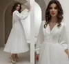 Vestidos nupciais marfim cetim tulle v-decote longa mangas compridas curtas mid-calf a linha vestidos de noiva feitos sob encomenda Botões robe de soiree