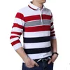 Tfetters outono casual homens t-shirt branco e vermelho listra padrão fitness luva comprida giro coleira de algodão tops listra roupa 210722