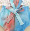 Zestaw odzieży dla niemowląt barwione rompers bawełniany rękawe garnitury wielokolorowe nylonowe koronkowe dziewczęta odzież Bowknot Hairband Onesies 2pcs WMQ628
