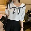 Kvinnors Blusar T-shirts 2022 Sommar Vit Chiffon Blus Kvinnor Chic Puff Sleeve Sailor Collar Bow Tops Ladies Loose Prepy Style Kvinna