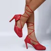 Sandalet 2021 Kadın Yaz Ayak Bileği Kayışı Mesh Yakın Toe Dantel-up Kadın Yüksek Topuklu Nefes Moda Bayan Stiletto Ayakkabı