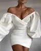 Ladies Sexy Fashion Lantern Sleeve Off Shoulder Party Dress Elegant Celebrity Satin White Prom Cocktail Tight 210525