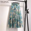 Tigena Floral Print Szyfonowa Długa Spódnica Kobiety Moda Letni Pasek Linia Wysoka talia Plisowana żeński Estetyka 210629