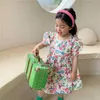 Summer girls rose printing short sleeve dresses 1-6 years cotton casual loose little princess dress 210615