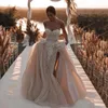 Chic Szampański Sweetheart Wedding Sukienka Kwiatowe Koronki Aplikacje Kraj Ogród Suknie Ślubne Luksusowe Wysokie Split Tulle Linia Długiego Pociąg Koronki Boning Bride Dresses 2022