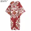 Zevity Women Vintage Totem Floral Print Loose Kimono Midi Klänning Kvinna Chic Batwing Sme Sommarbrott Boho Vestido DS8333 210603