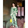 Maison Gabrielle Jedwabny Satin Drukowane Piżama Zestaw Piżamy Piżowy Loungewear Dla Kobiet 2 Sztuki Długa Sleeve Plus Size Pajama 210809